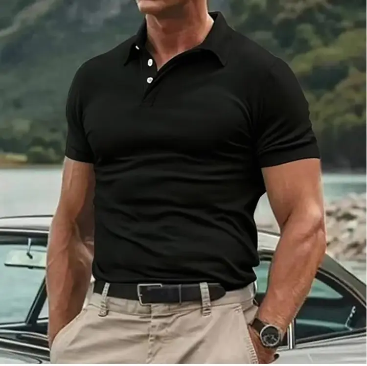 Men's Black Polo Shirt with 3 Button Collar — feature 14