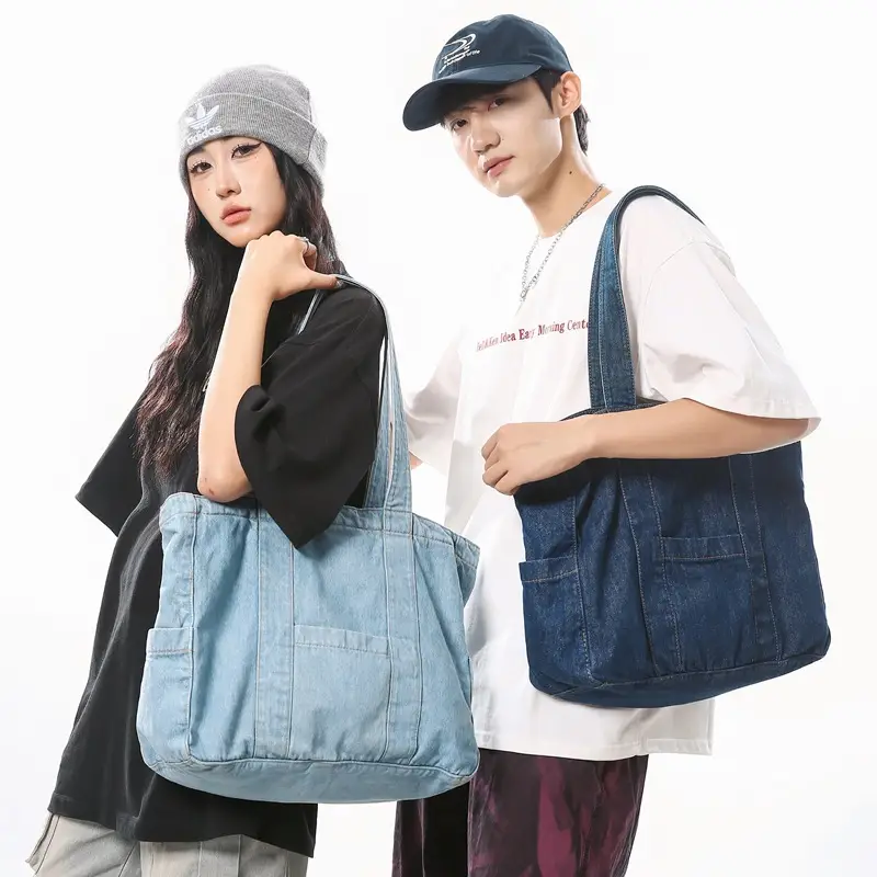 Japanese Denim Canvas Shoulder Bag 2024 College Student Schoolbag Tutor Bag Mother Bag Tote Bag - Image 3