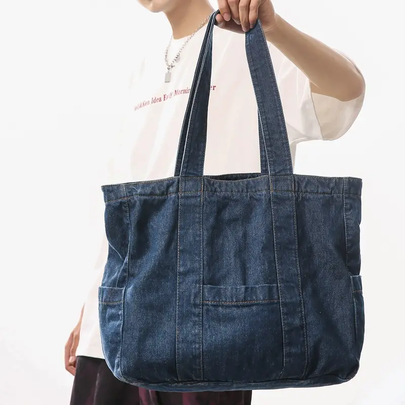 Japanese Denim Canvas Shoulder Bag 2024 College Student Schoolbag Tutor Bag Mother Bag Tote Bag - Image 4