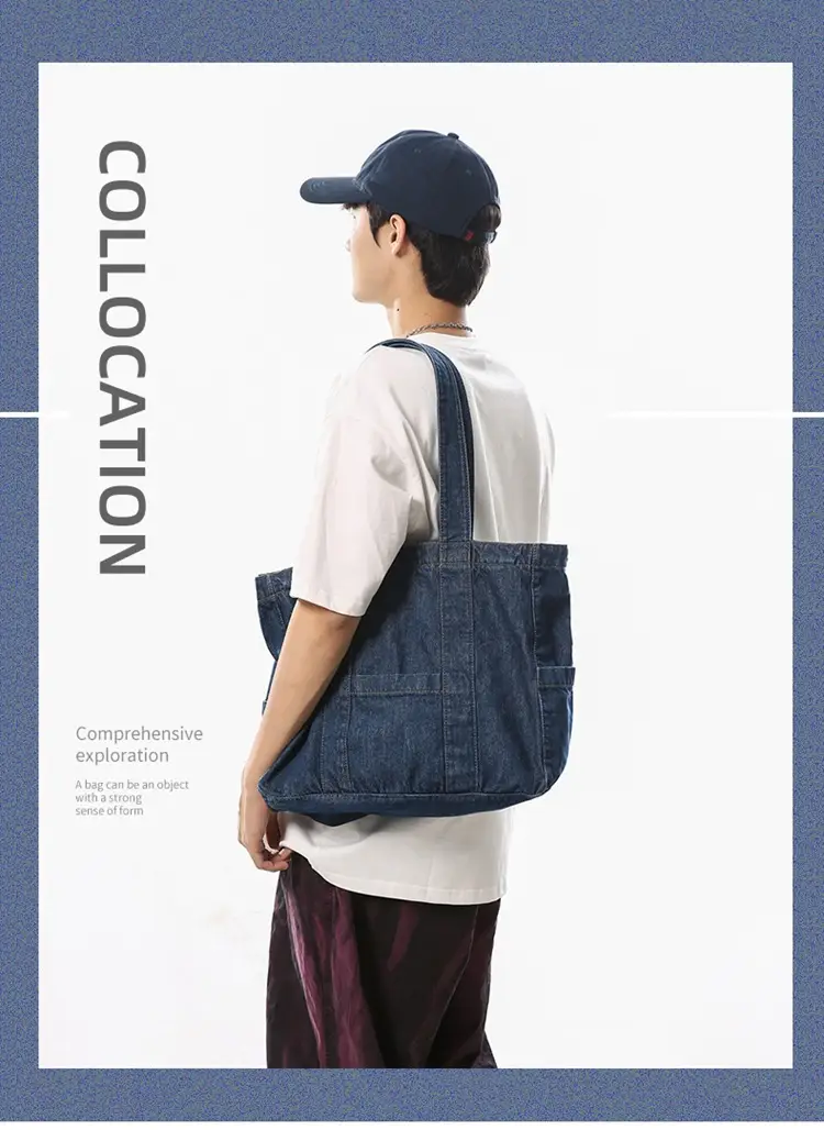 Japanese Denim Canvas Shoulder Bag 2024 College Student Schoolbag Tutor Bag Mother Bag Tote Bag — feature 1