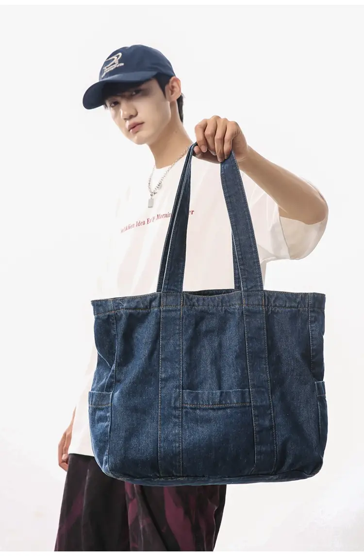 Japanese Denim Canvas Shoulder Bag 2024 College Student Schoolbag Tutor Bag Mother Bag Tote Bag — feature 10