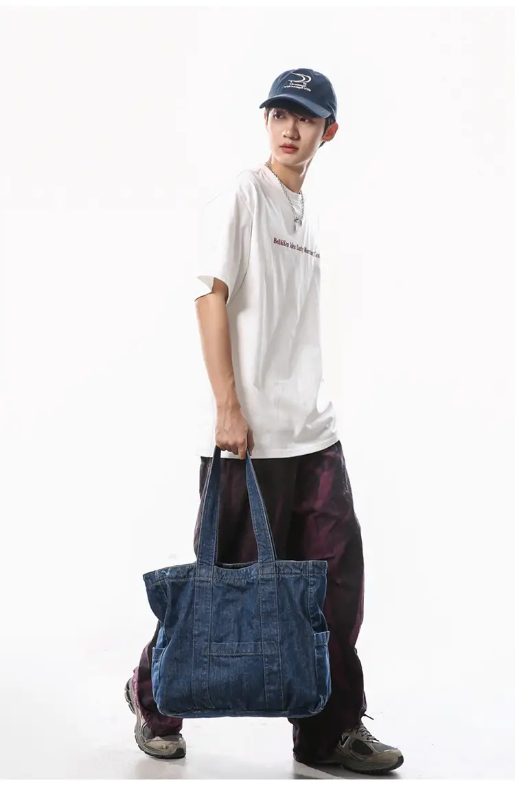 Japanese Denim Canvas Shoulder Bag 2024 College Student Schoolbag Tutor Bag Mother Bag Tote Bag — feature 11