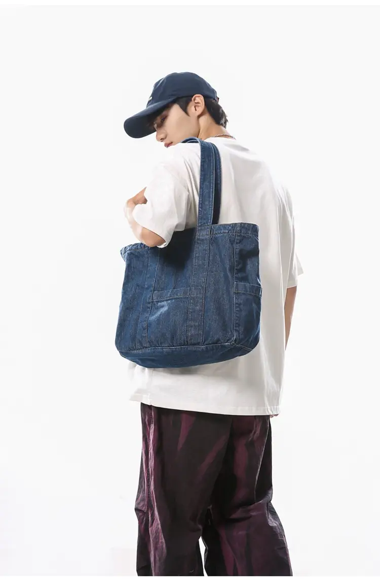 Japanese Denim Canvas Shoulder Bag 2024 College Student Schoolbag Tutor Bag Mother Bag Tote Bag — feature 12