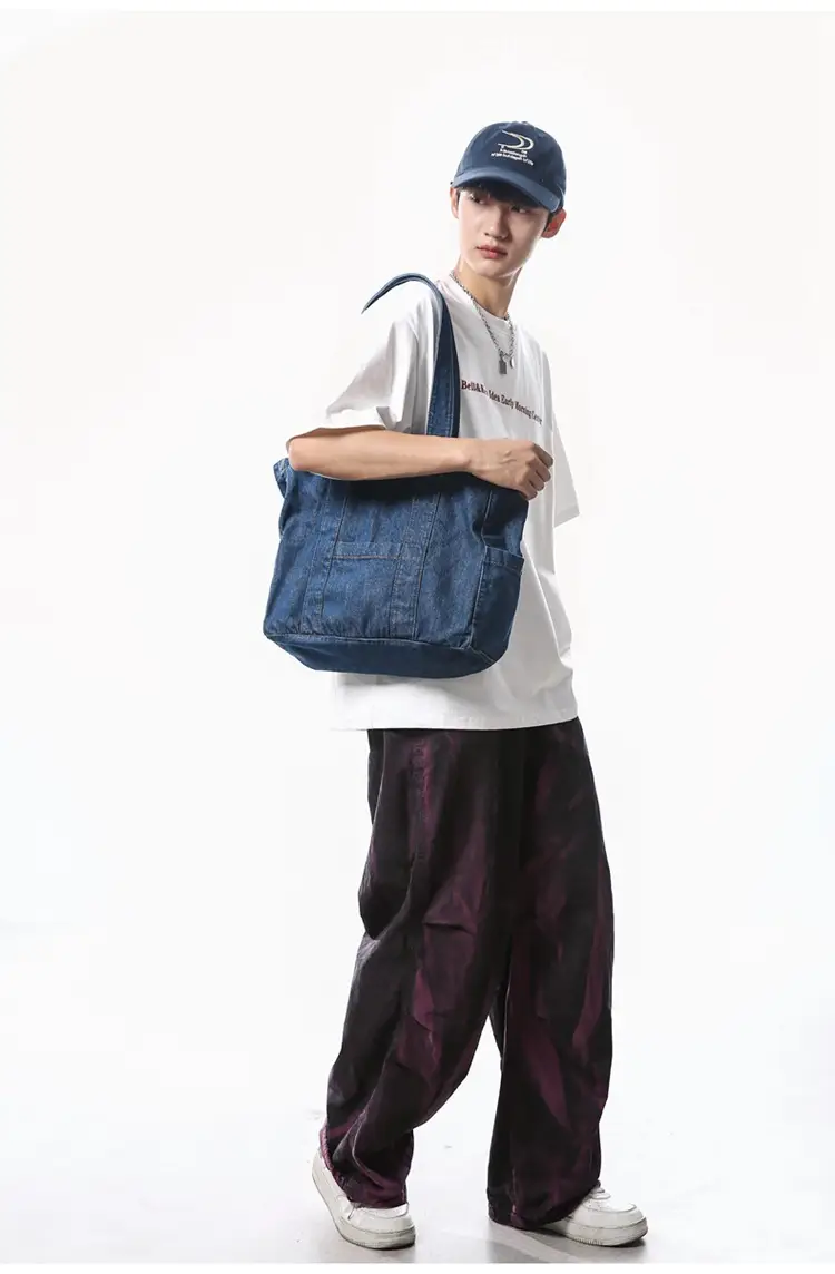 Japanese Denim Canvas Shoulder Bag 2024 College Student Schoolbag Tutor Bag Mother Bag Tote Bag — feature 13