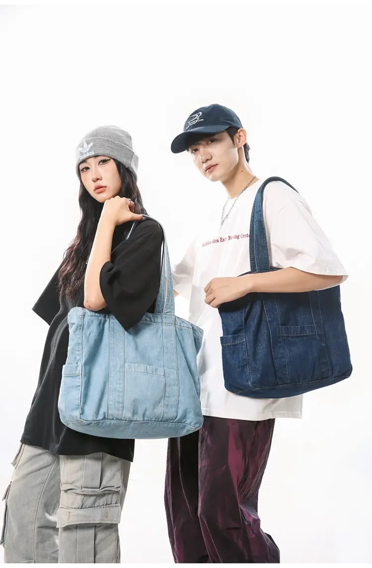 Japanese Denim Canvas Shoulder Bag 2024 College Student Schoolbag Tutor Bag Mother Bag Tote Bag — feature 14