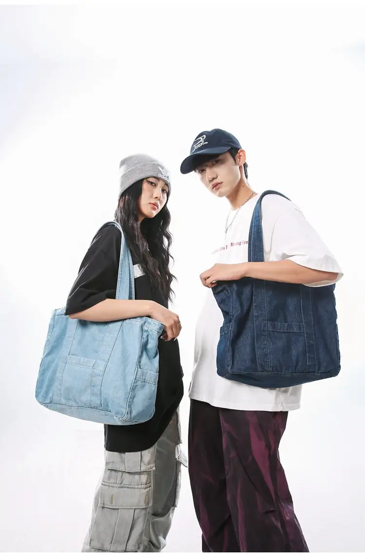 Japanese Denim Canvas Shoulder Bag 2024 College Student Schoolbag Tutor Bag Mother Bag Tote Bag — feature 15