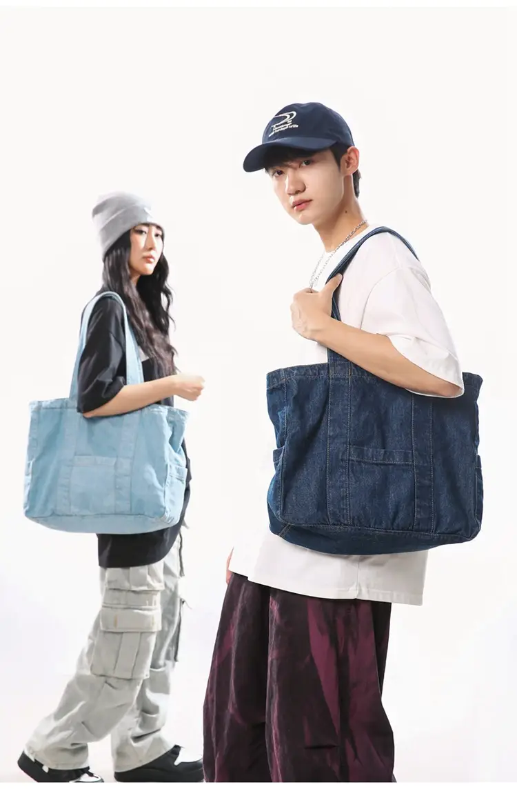 Japanese Denim Canvas Shoulder Bag 2024 College Student Schoolbag Tutor Bag Mother Bag Tote Bag — feature 16