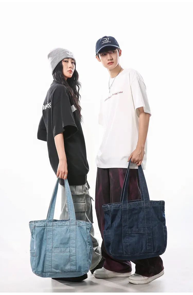 Japanese Denim Canvas Shoulder Bag 2024 College Student Schoolbag Tutor Bag Mother Bag Tote Bag — feature 17