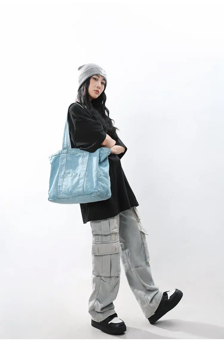 Japanese Denim Canvas Shoulder Bag 2024 College Student Schoolbag Tutor Bag Mother Bag Tote Bag — feature 21