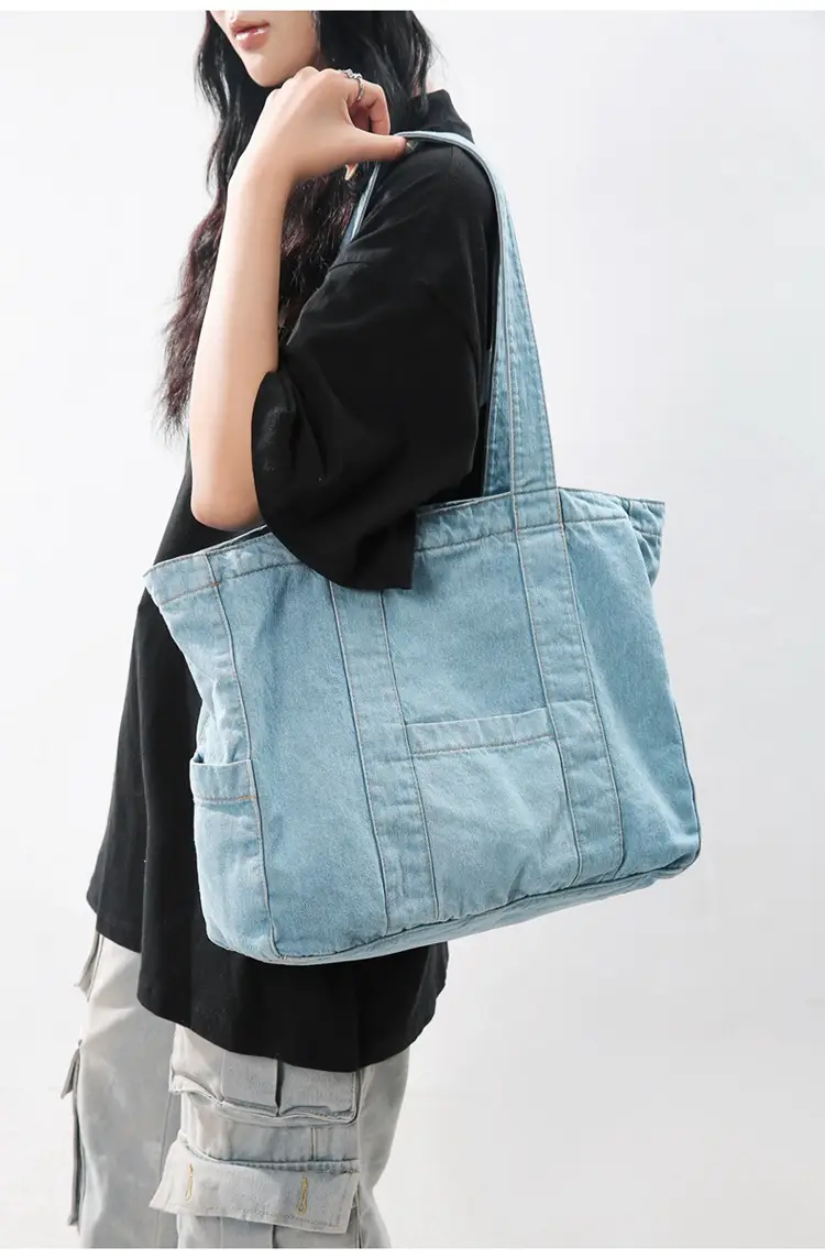 Japanese Denim Canvas Shoulder Bag 2024 College Student Schoolbag Tutor Bag Mother Bag Tote Bag — feature 22