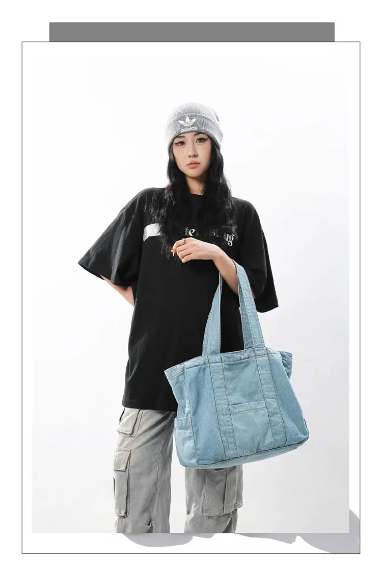 Japanese Denim Canvas Shoulder Bag 2024 College Student Schoolbag Tutor Bag Mother Bag Tote Bag — feature 5
