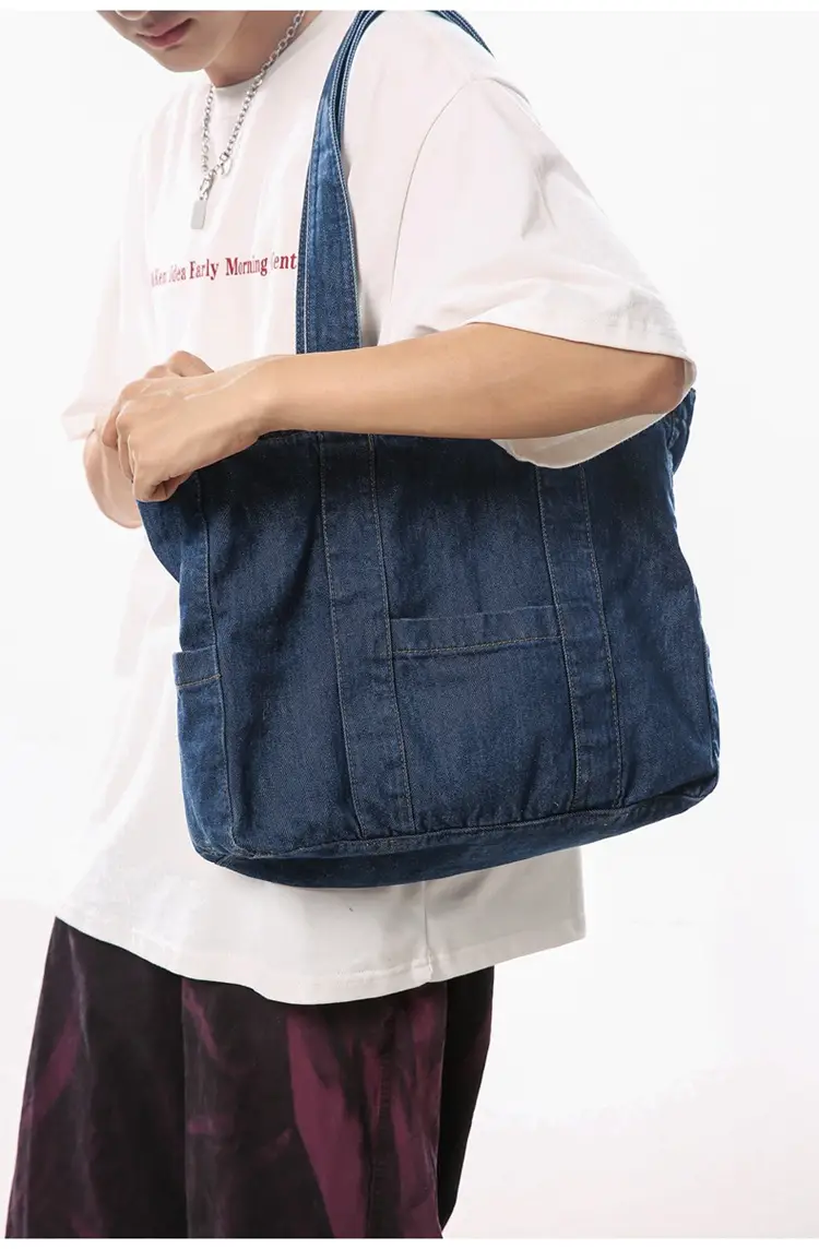 Japanese Denim Canvas Shoulder Bag 2024 College Student Schoolbag Tutor Bag Mother Bag Tote Bag — feature 9