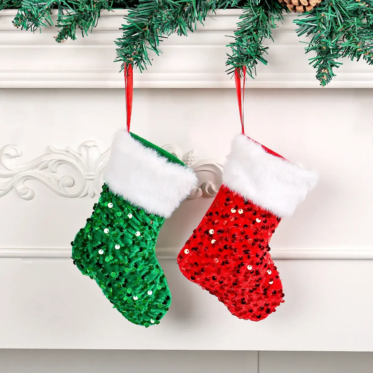 Red Sequins Christmas Stocking with White Fur Edge - Image 3