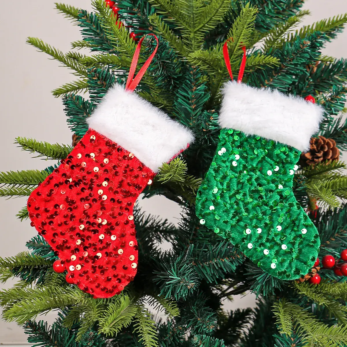 Red Sequins Christmas Stocking with White Fur Edge - Image 4