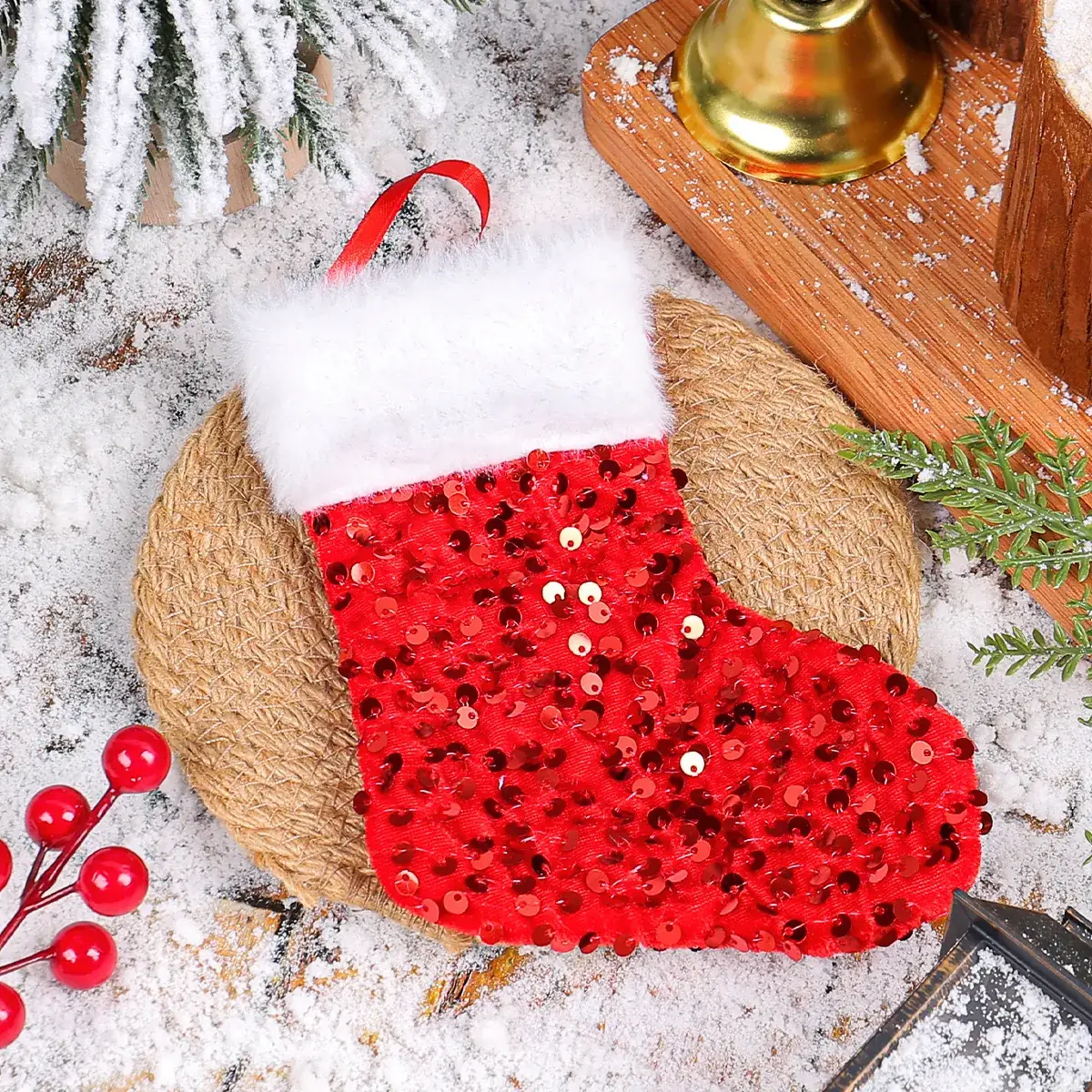 Red Sequins Christmas Stocking with White Fur Edge - Image 6