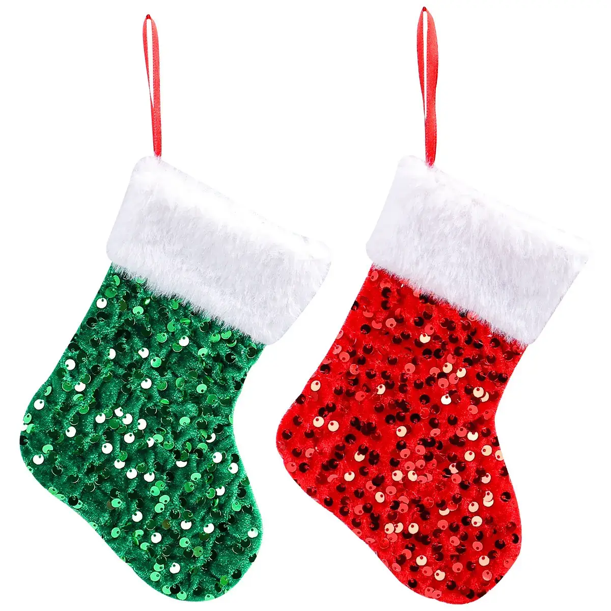 Red Sequins Christmas Stocking with White Fur Edge - Image 7
