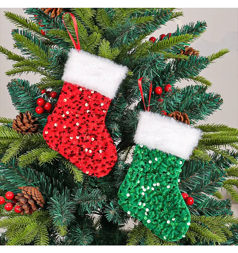 Red Sequins Christmas Stocking with White Fur Edge — feature 8