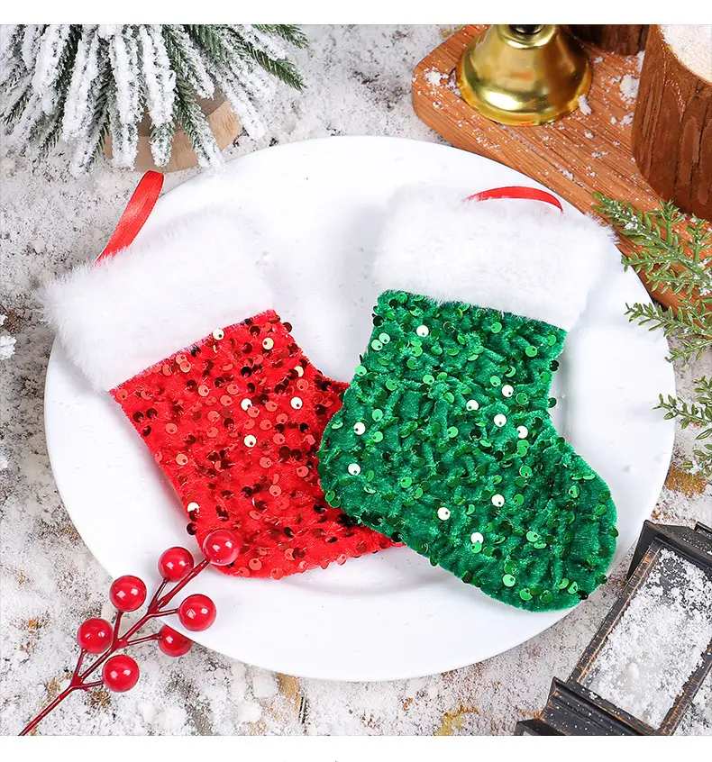Red Sequins Christmas Stocking with White Fur Edge — feature 9