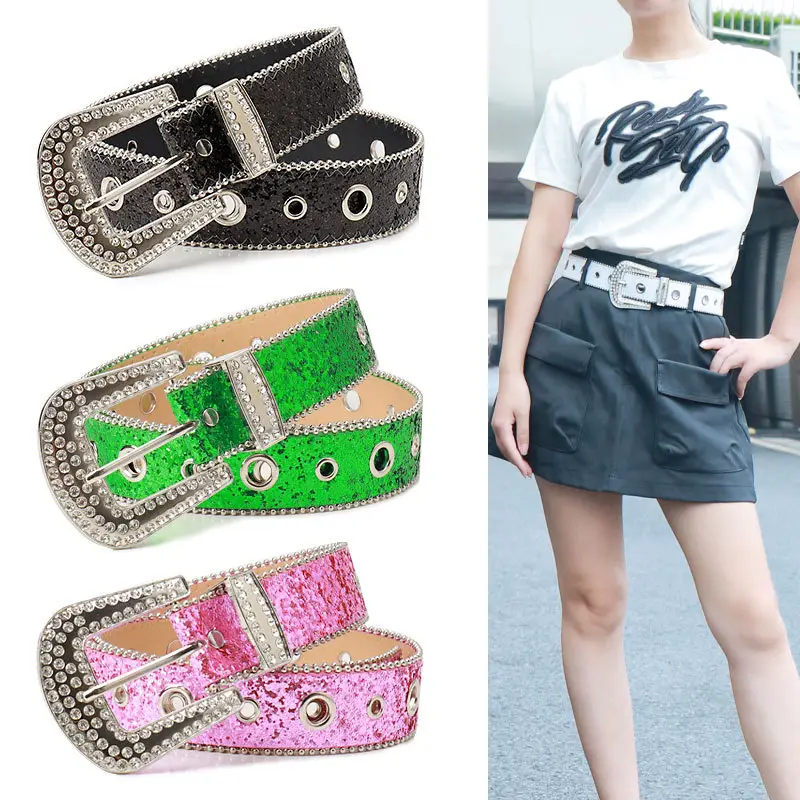 Pink Rhinestone Belt for Women European American Punk Style