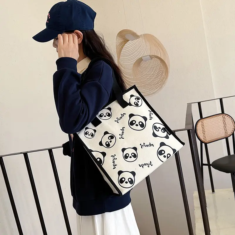 Cute Panda Print Large Capacity Canvas Tote Bag - Image 6