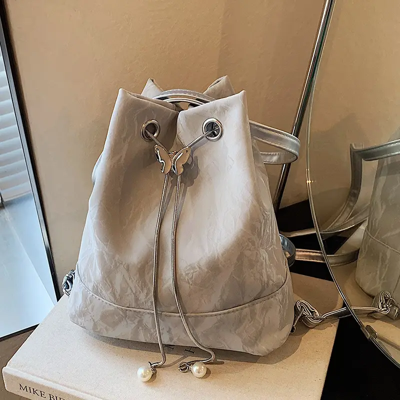 Women's Drawstring Backpack Bag Beige 2024 - Image 2