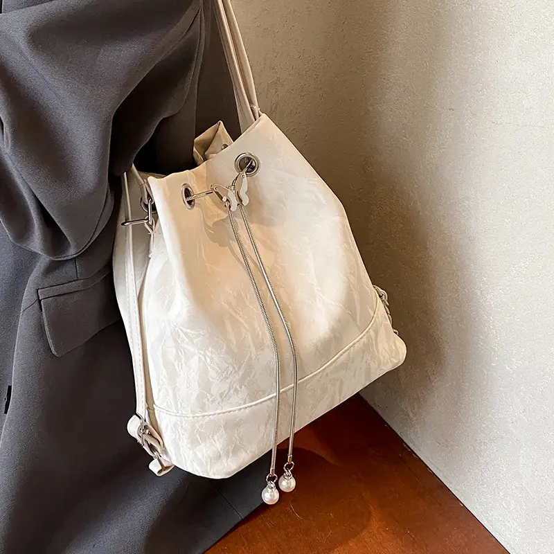 Women's Drawstring Backpack Bag Beige 2024 - Image 4