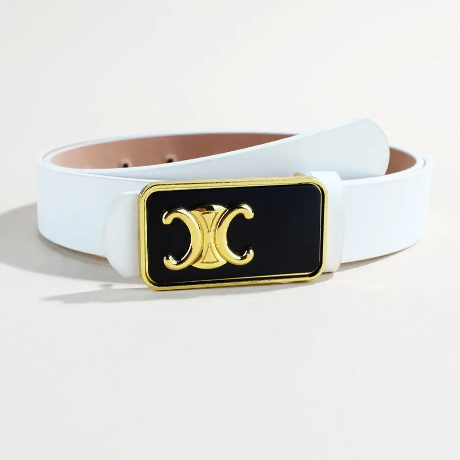 Women's Black Letter C Buckle Belt Beige Leather - Image 2