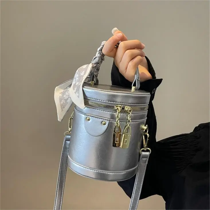 Silver Metallic Shoulder Bag with Gold Clasp & Detachable Strap