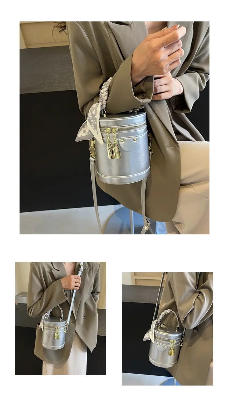 Silver Metallic Shoulder Bag with Gold Clasp & Detachable Strap — feature 14