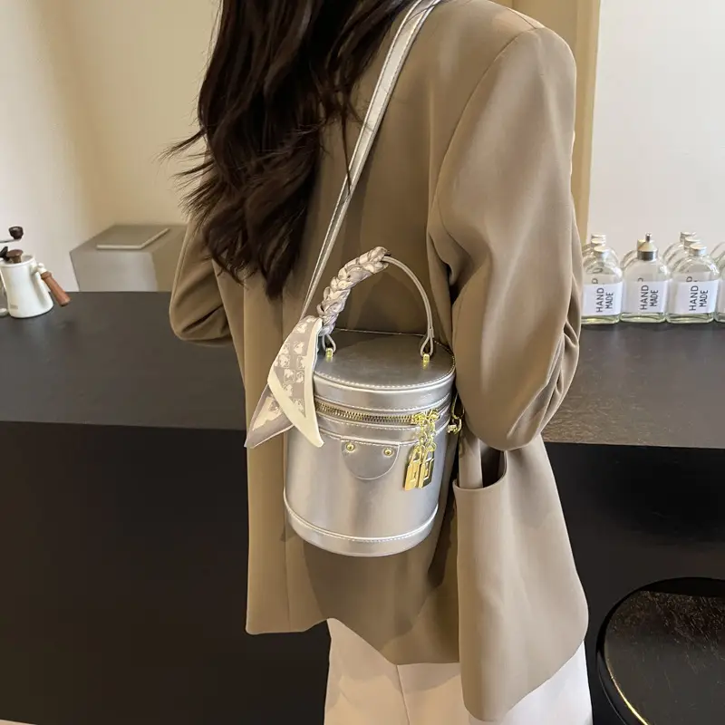 Silver Metallic Shoulder Bag with Gold Clasp & Detachable Strap