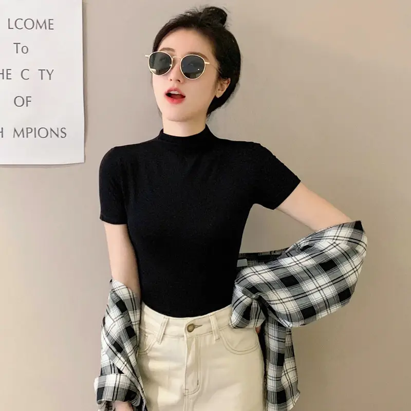 Modal Black Half-High Neck Short-Sleeved T-Shirt Women's Spring and Summer 2024 Ice Silk Mid-Neck Top Tight Half-Sleeve Base Shirt