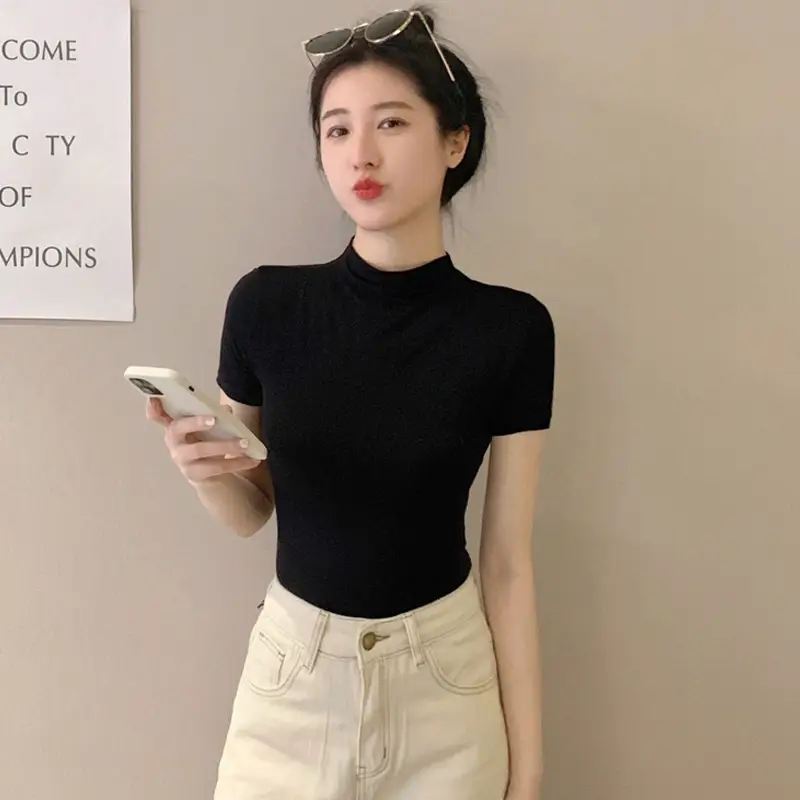 Modal Black Half-High Neck Short-Sleeved T-Shirt Women's Spring and Summer 2024 Ice Silk Mid-Neck Top Tight Half-Sleeve Base Shirt