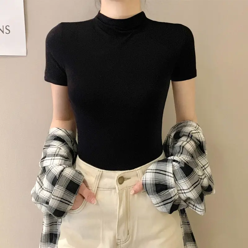 Modal Black Half-High Neck Short-Sleeved T-Shirt Women's Spring and Summer 2024 Ice Silk Mid-Neck Top Tight Half-Sleeve Base Shirt