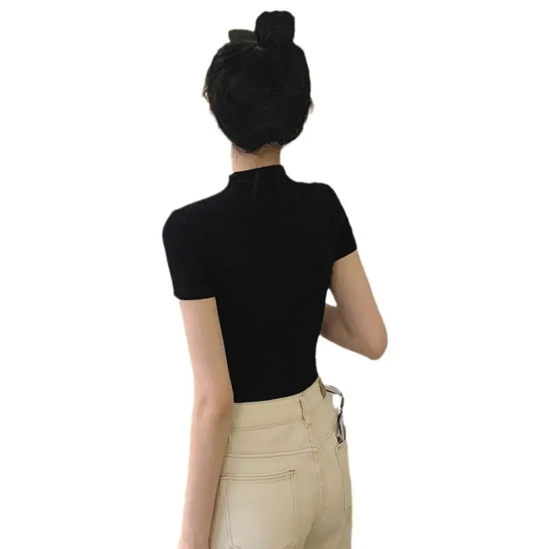 Modal Black Half-High Neck Short-Sleeved T-Shirt Women's Spring and Summer 2024 Ice Silk Mid-Neck Top Tight Half-Sleeve Base Shirt