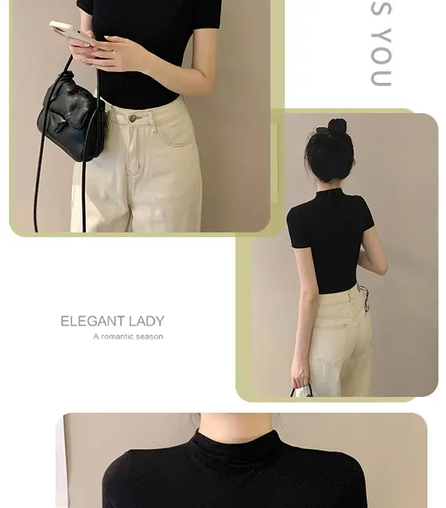 Modal Black Half-High Neck Short-Sleeved T-Shirt Women's Spring and Summer 2024 Ice Silk Mid-Neck Top Tight Half-Sleeve Base Shirt — feature 13