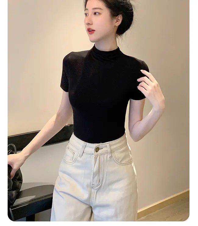 Modal Black Half-High Neck Short-Sleeved T-Shirt Women's Spring and Summer 2024 Ice Silk Mid-Neck Top Tight Half-Sleeve Base Shirt — feature 15