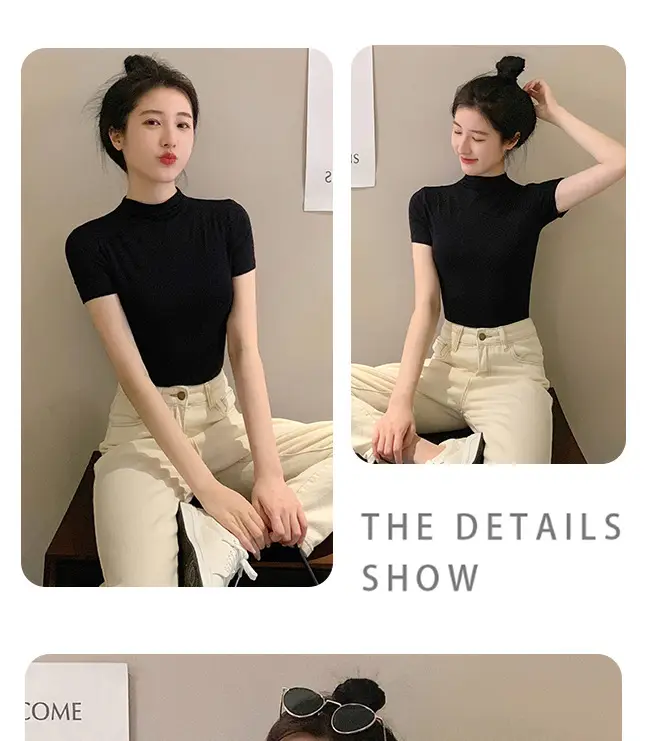 Modal Black Half-High Neck Short-Sleeved T-Shirt Women's Spring and Summer 2024 Ice Silk Mid-Neck Top Tight Half-Sleeve Base Shirt — feature 16