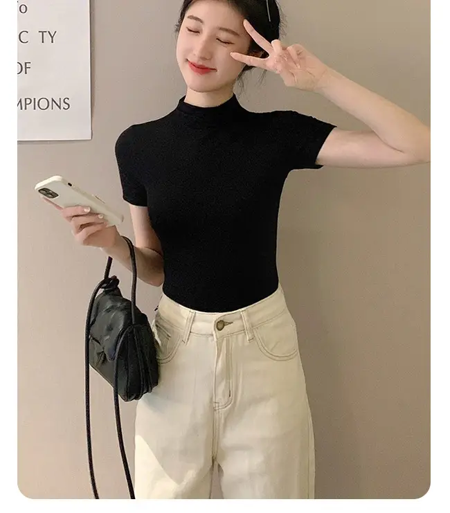Modal Black Half-High Neck Short-Sleeved T-Shirt Women's Spring and Summer 2024 Ice Silk Mid-Neck Top Tight Half-Sleeve Base Shirt — feature 17