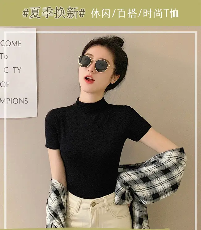 Modal Black Half-High Neck Short-Sleeved T-Shirt Women's Spring and Summer 2024 Ice Silk Mid-Neck Top Tight Half-Sleeve Base Shirt — feature 3