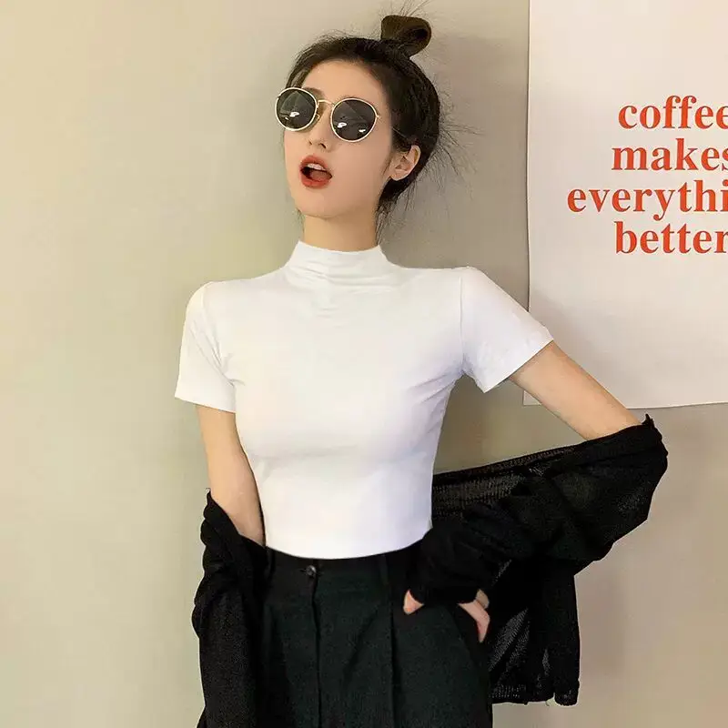 Modal Black Half-High Neck Short-Sleeved T-Shirt Women's Spring and Summer 2024 Ice Silk Mid-Neck Top Tight Half-Sleeve Base Shirt