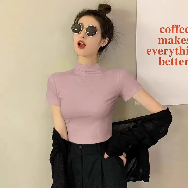 Modal Black Half-High Neck Short-Sleeved T-Shirt Women's Spring and Summer 2024 Ice Silk Mid-Neck Top Tight Half-Sleeve Base Shirt