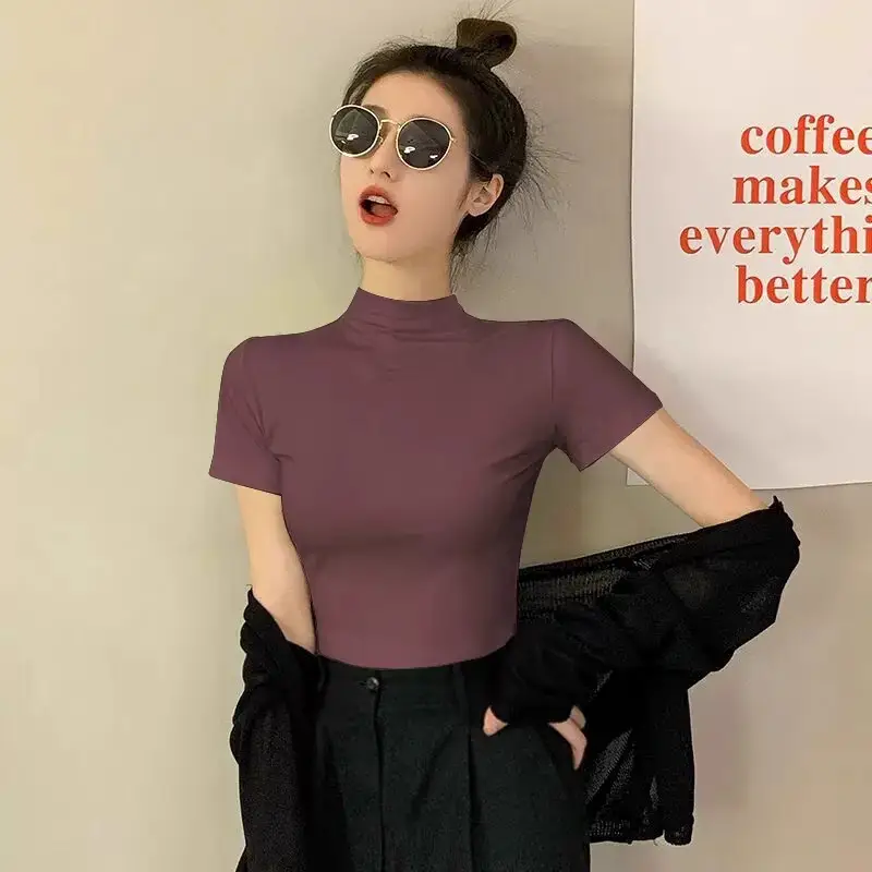 Modal Black Half-High Neck Short-Sleeved T-Shirt Women's Spring and Summer 2024 Ice Silk Mid-Neck Top Tight Half-Sleeve Base Shirt