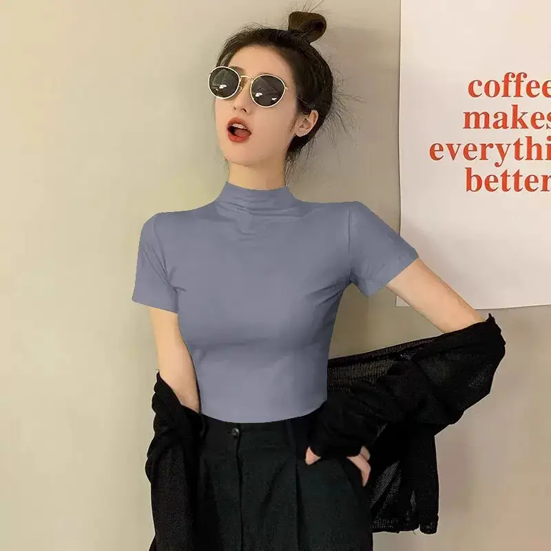 Modal Black Half-High Neck Short-Sleeved T-Shirt Women's Spring and Summer 2024 Ice Silk Mid-Neck Top Tight Half-Sleeve Base Shirt