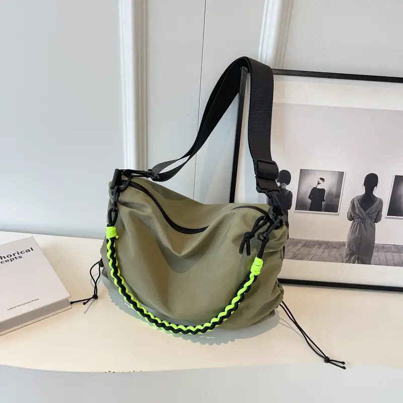 Nylon Shoulder Bag Beige Green Strap Large Capacity - Image 5