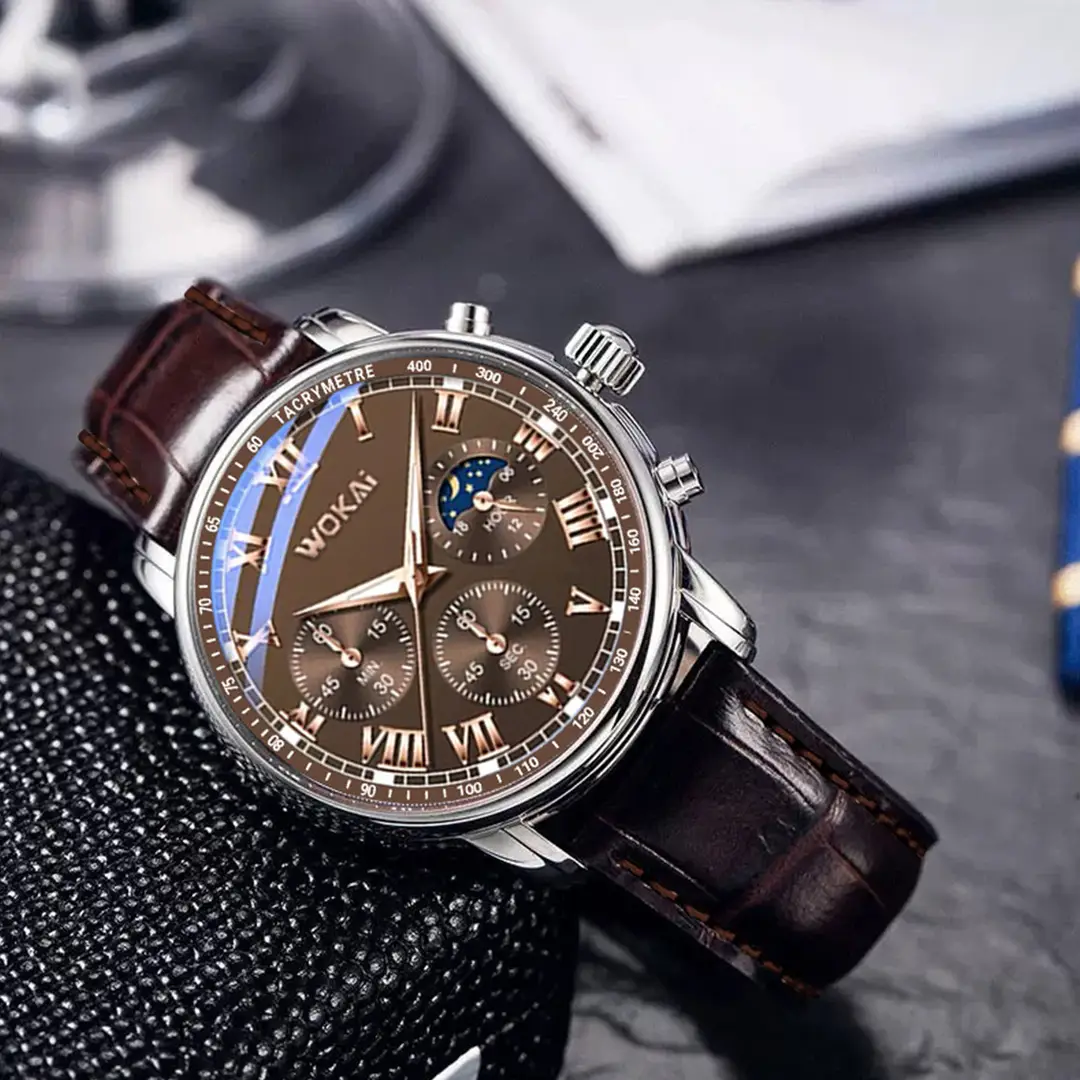 Source Factory New Model Wokai Business Watch Quartz Sports Watch Men's Casual Leather Strap Watch Wholesale in Stock