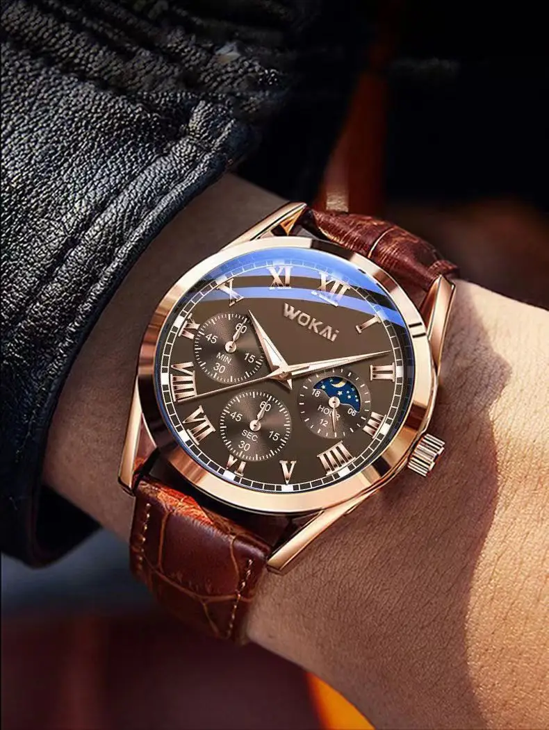 Source Factory New Model Wokai Business Watch Quartz Sports Watch Men's Casual Leather Strap Watch Wholesale in Stock — feature 7