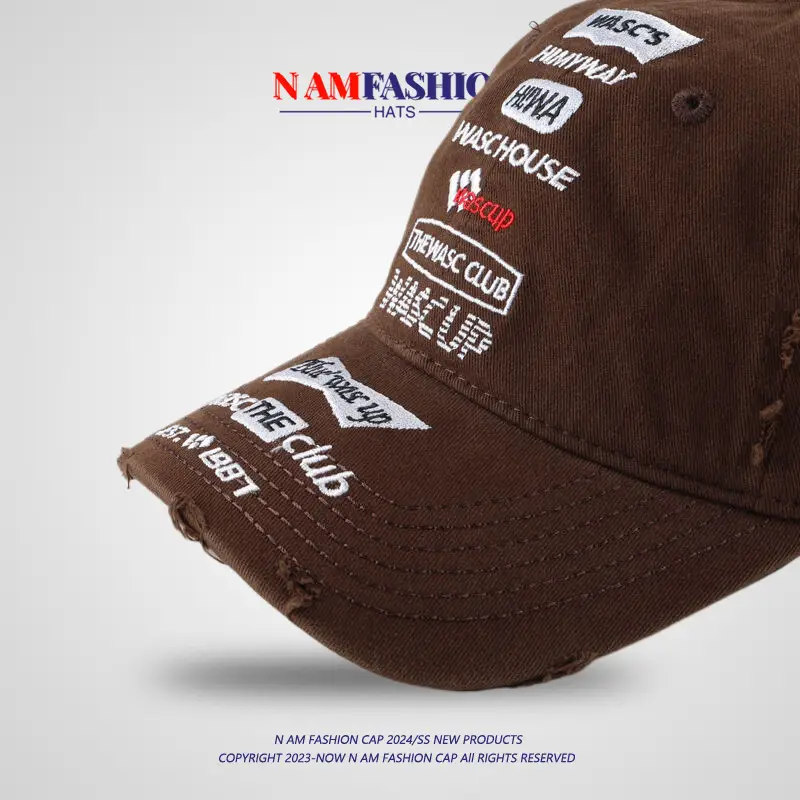 Men's Brown Distressed Hat with Brand Embroidery — feature 9
