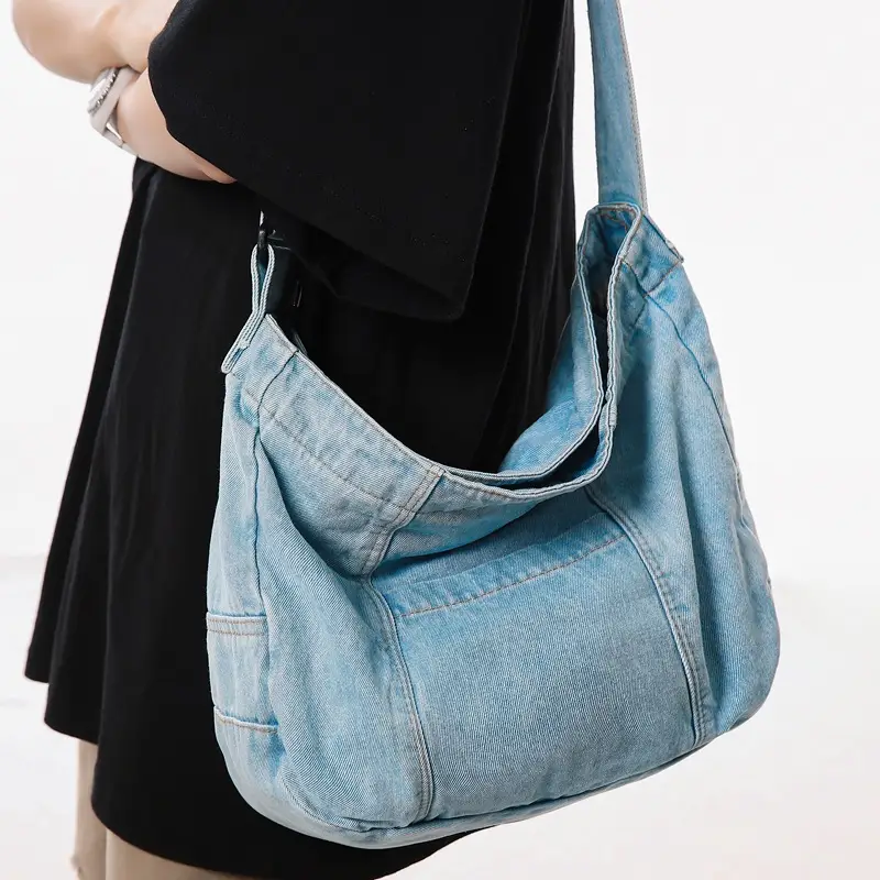 Japanese Style Light Blue Denim Crossbody Bag for Women - Image 3