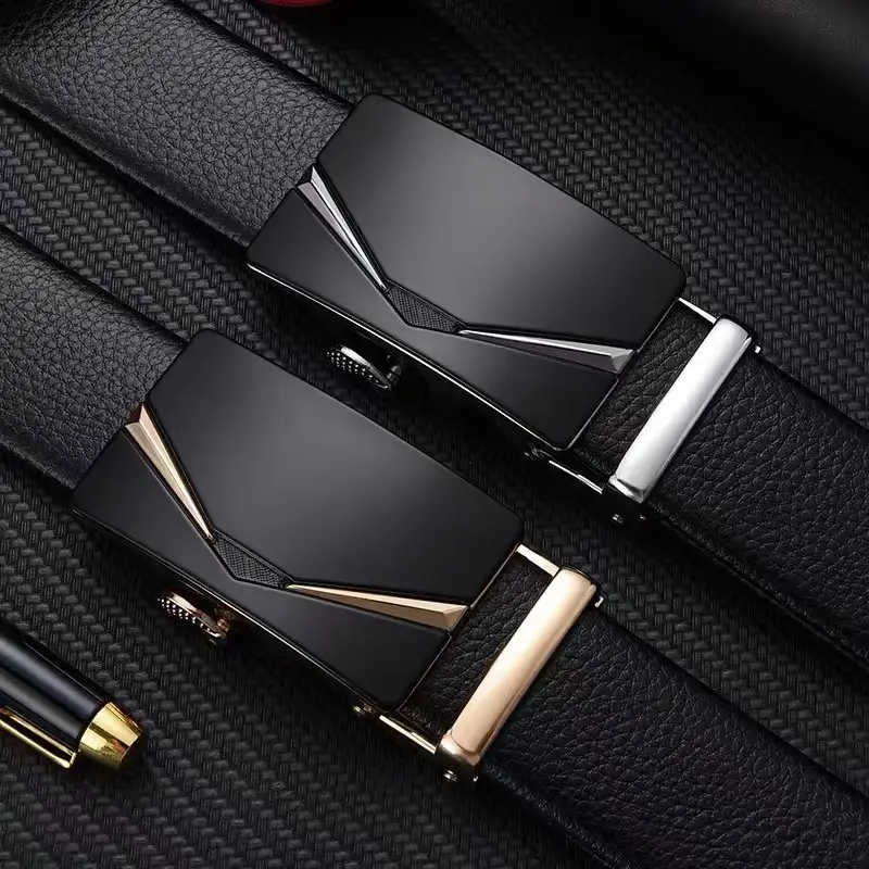 Men's Black Leather Belt with Automatic Buckle & Litchi Grain