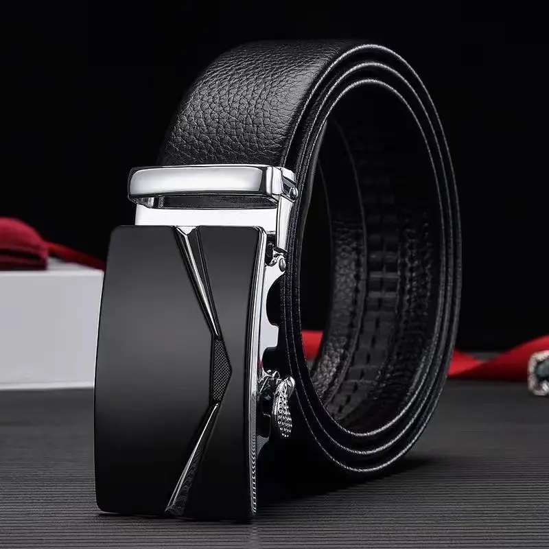 Men's Black Leather Belt with Automatic Buckle & Litchi Grain